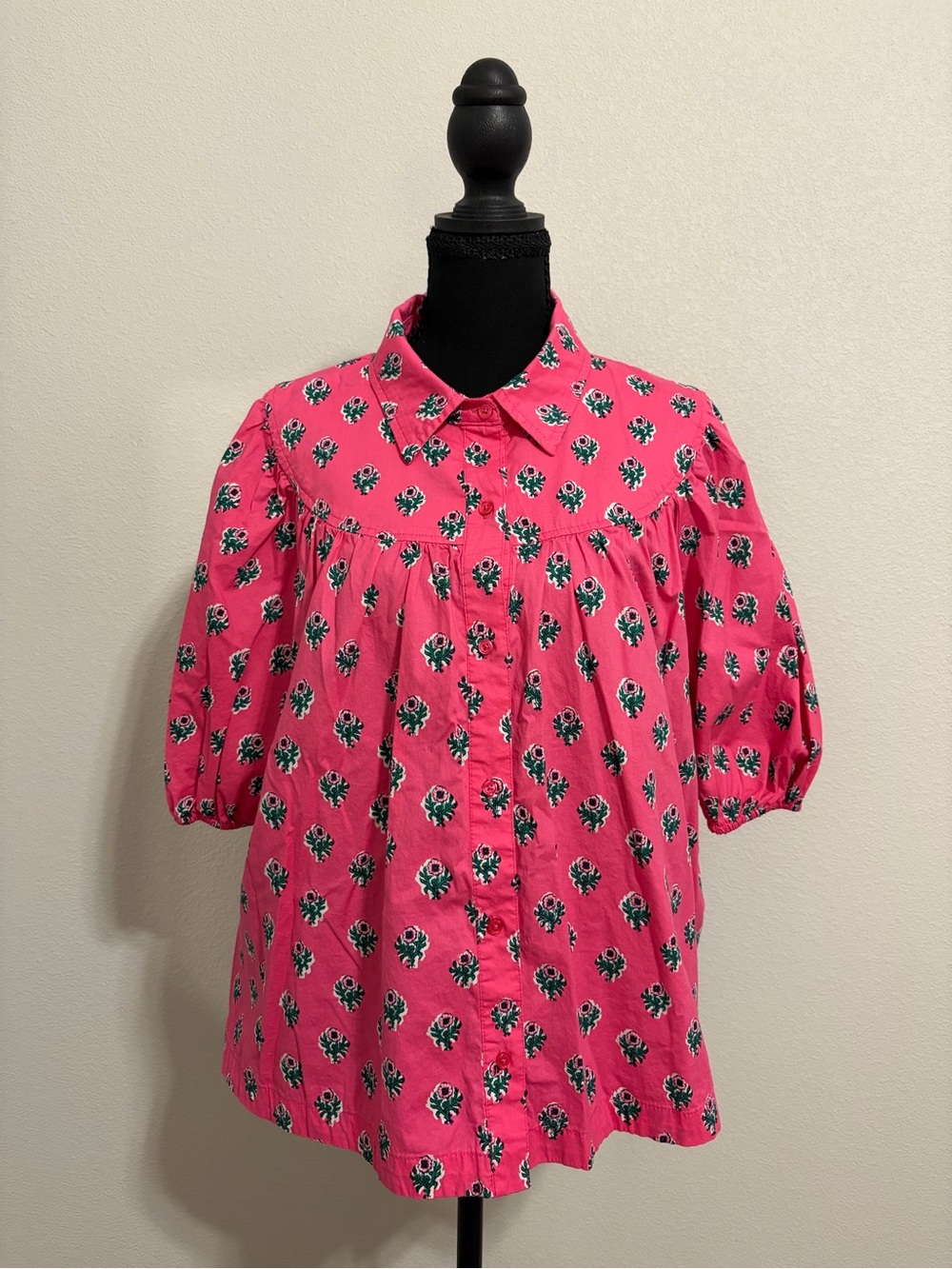 Crown & Ivy Pink Floral Puff Sleeve Button Front Blouse XL